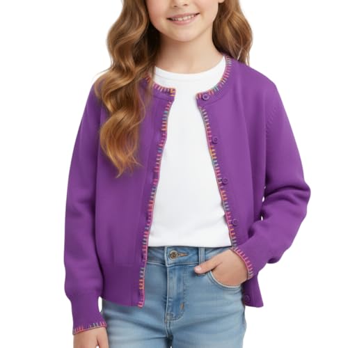 WELAKEN - Girls Knit Cardigan - Soft Lightweight Purple Sweater with Rainbow Trim, Size 6-7Y - Best Deal on Amazon