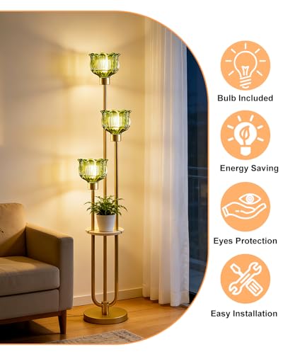 Image of Lightdot Glass Floor Lamp for Living Room 3-Lights Modern Gold Floor Lamp with Green Glass Shade 3000K Bulbs Included Unique Tall Standing Lamp with 5Lb Heavy Base for Bedroom /Sofa Beside /Corner Decor