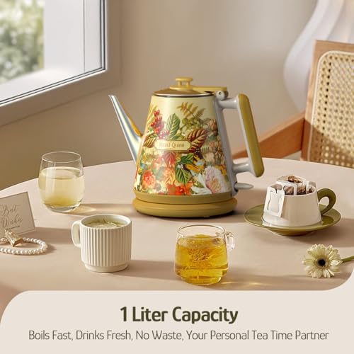 Image of Hazel Quinn Electric Kettle - 1L /34oz Small Tea Kettle, 800W Fast Boil, All 304 Stainless Steel Interior, Double Wall for Cool Touch and Thermal, Auto Shut-Off, BPA-Free, Cordless - Floral Printed