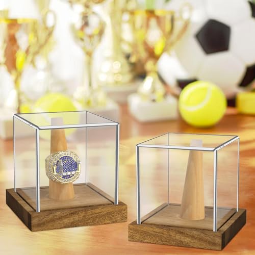 Image of Clear Acrylic Championship Ring Display Case with Wood Stand Base, Memorabilia Stand Cube Holder Dust Protection Transparent Storage Box for Sports Baseball Basketball Fan Souvenir Protection Supplies