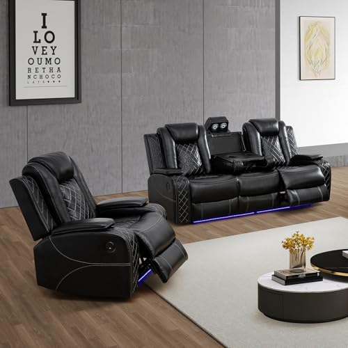 SIENWIEY Power Leather Recliner Sofa Set with LED Lights, 3 Seater Sofa and Chair, USB Ports/Reading Lamp, Living Room Furniture Sets