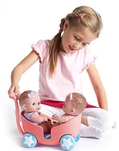 Lil Cutesies Twin 8.5" All Vinyl Dolls And Stroller Set | Posable And Washable | Removable Outfits |Twin Stroller And Accessory | Jc Toys | Ages 2+ , Green #TOP3