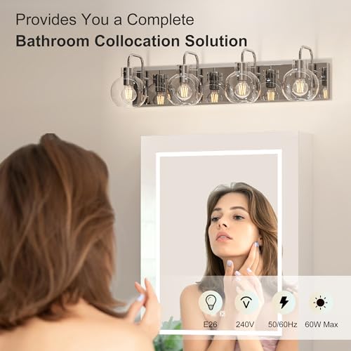 Image of Brushed Nickel Bathroom Light Fixtures, 4-Light Modern Vanity Light Over Mirror, Wall Sconces with Frosted Glass Shades, E26 Socket (Bulbs Not Included)
