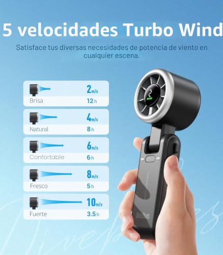 Miniatura 5 de Diveblues Turbo Ventilador Portátil De Mano, Enfriamiento De Alta Velocidad 10m S, 5 Velocidades, Batería Recargable, Hasta 12 Horas, Mini Ventilador Para Viajes, Oficina, Exterior, Negro
