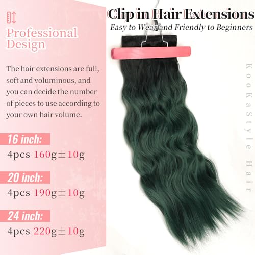 Image of KooKaStyle Wavy Thick Clip in Hair Extensions 24 inch Black to Green Ombre | 4 Pieces Clip in Extensions,Fiber Double Weft Hairpieces,Natural Volume,Beach Wave Long Synthetic Hairpieces for Women