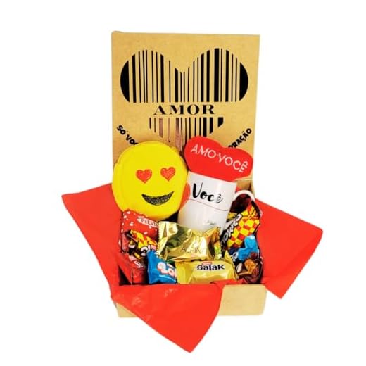 Cesta de Presente Romântica com Chocolates, Caneca Personalizada e Emoji de Pelúcia, Dia dos Namorados (Codigo Coração)