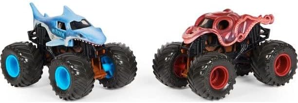 Megalodon and Octon8er monster trucks in their initial 'dirty' color-changing state.