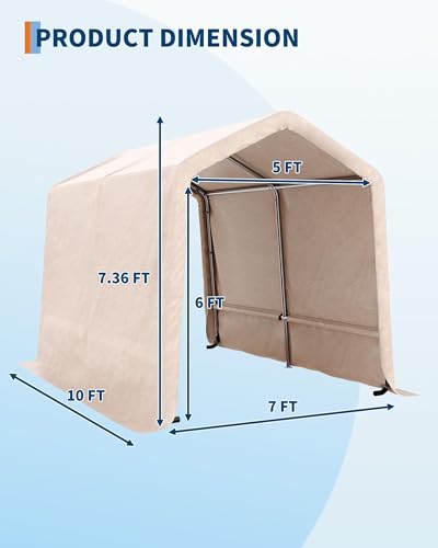 Image of 7X10 Ft Heavy-Duty Portable Outdoor Storage Shed with Roll-Up Door & Vent, 240g Waterproof PE Tarp & UV Protection, Carport Storage Shelter for Motorcycles, Firewood, Garden Tools - Khaki