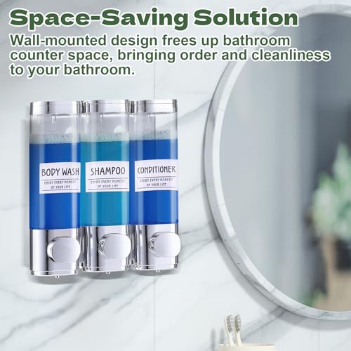 Image of Shower Dispenser 3 Chamber No Drill Shower Soap Dispenser Wall Mounted with Labels Shower Dispenser No Drill for Bathroom Hotel Kitchen, 8.4x2.5 Inch, Silver