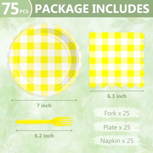 Image of Mulbozy 75 Yellow Gingham Paper Plates&Napkins Disposable for Party,7in