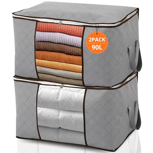 Pack de 2 Organizadores de Ropa 90L, Cajas de Almacenaje Plegables con Cremallera, Bolsas para Guardar Ropa en Armarios,Tela No Tejida Resistente, Ideal para Mantener Todo en Orden, Color Gris.