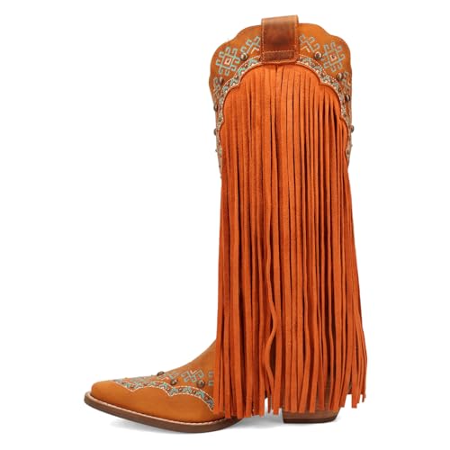 Dingo Womens Tequila Fringe Southwest Sunrise Snip Toe Pull On Casual Boots Mid Calf Mid Heel 2-3" - Orange3