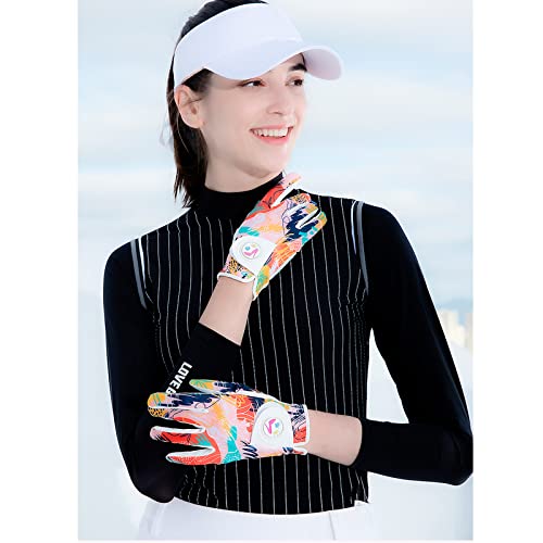 Finger Ten Golf Gloves Women Left Hand Leather With Bling Ball Marker Value Pack, Colored Glove For Right Handed Golfer All Weather Grip (Full-Orange, Large, Left) #TOP4