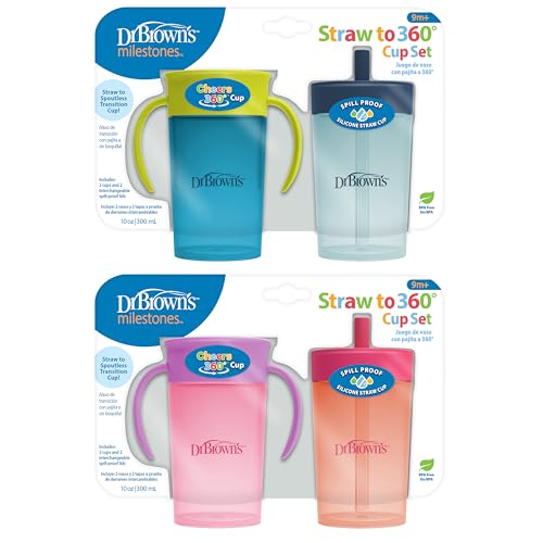 Dr. Brown's Milestones Straw to 360° Cup Set, Convertible Toddler Training Cup Set with Lids, Blue/Green/Pink/Coral, 10 oz/300 mL, BPA Free, 9m+, 4 Pack - image 1