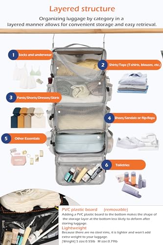 TABITORA Travel Luggage Organizer insert Hanging Packing Cubes for Suitcase Carry on Closet Hanging Shelves Folding(Grey,M)4