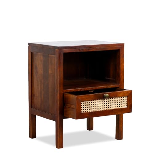 Image of Wooden Bedside Table for Bedroom with Drawers | Solid Wood Safor Rattan Bed Side Table with Drawers | Side Table for Living Room | Traditional Rajasthani Art Chest of Drawer for Home (Teak)