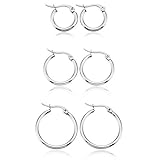 MOWOM Silver Tone Stainless Steel Hoop huggie Earrings Classic Charm Elegant (3 Pairs)