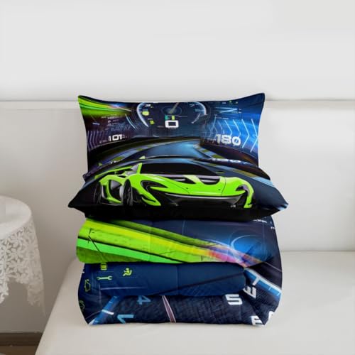 Image of Feelyou Fluorescent Green Race Car Bedding Set - Twin Size Comforter Set with 1 Pillowcase - Extreme Sports Car Comforter with Inner Fill Duvet Set