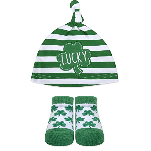Baby Holiday Socks and Hats or Headbands with Bows for Babyâ€™s First St Patrickâ€™s Day, Ages 0-6 Months Old â€“ 2 Piece Sets for Baby Boys, Baby Girls (Lucky Clover (Boy))