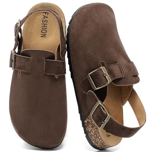 Image of Women's Suede Clogs with Back Strap Men's Cork Footbed Leather Mules Clogs for Women Comfort Memory Foam Slingback Clog Sandals with Adjustable Buckle Slip on Potato Shoes