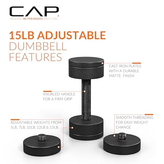 CAP Barbell 15 lb Adjustable Dumbbell ¨C Compact Cast Iron Weight | Multiple Options