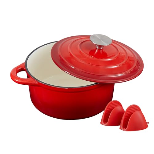Nilpferd Gusseisen Topf Schmortopf 22cm Emaille Bräter mit Deckel Topflappen, Kasserollen Bratentopf brot backen für Backen Schmoren Braten Incl.1 Paar Silikon Ofenhandschuhe(Rot mit cremeweiß, 3L) Nilpferd Gusseisen Topf Schmortopf 22cm Emaille Bräter mit Deckel Topflappen, Kasserollen Bratentopf brot backen für Backen Schmoren Braten Incl.1 Paar Silikon Ofenhandschuhe(Rot mit cremeweiß, 3L)