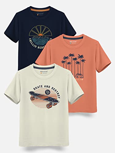 Image of HELLCAT Boys Round Neck Printed Blended Cotton Tshirt -Combo Pack of 2 - Orange /Blue