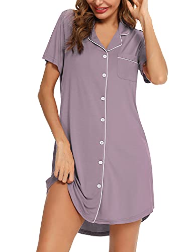 Image of Senert Nightgown for Women Sleep Shirt Short Long Sleeve Sleepwear Boyfriend Nightshirt Button Down Pajama Dress S-XXL