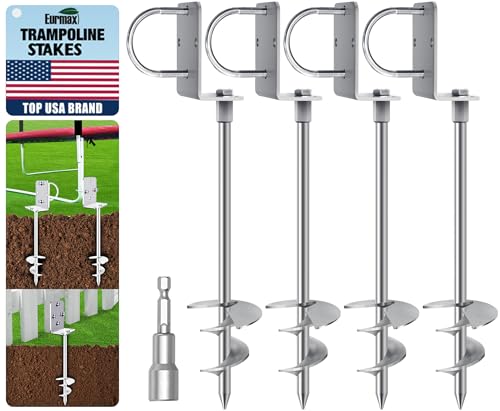 Image of Eurmax USA Ground Anchors Heavy Duty Adjustable L-Shaped Head Shed Tent Stakes Trampoline Anchors, Trampoline Stakes for Sheds,Swing Sets,Mobile Home,Carports Set of 4(Silver)