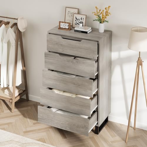 GarveeHome 5 Dresser for Bedroom, 50" Tall Dresser, Freestanding Vertical Drawer with Storage, Wooden Closet Chest Storage for Living Room, Hallway, Entryway, Ash Grey