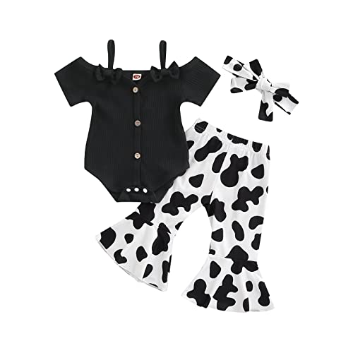 Image of Lefyira Cow Print Bell Bottoms Outfits Toddler Girl Short Sleeve Romper Rib Knit Button Bodysuit Flare Pants Clothes Summer