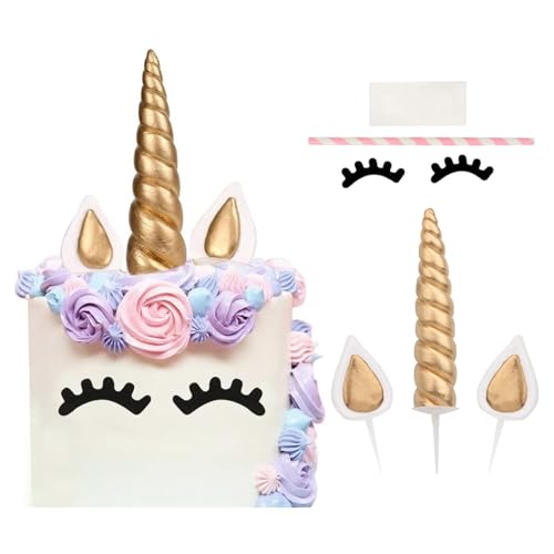 QEEYON 6 Pièces Doré Licorne Décorations Gâteau Cake Topper,Décoration de Gâteau D'anniversaire Avec Adorables Cornes de Licorne,Oreilles et Cils pour...