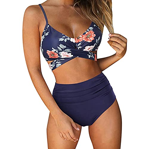 Women's Sling Swimsuit Bikini Sexy Monokini Push Up Split Swimwear Triangle Bottoms Print Beachwear Two-Piece Suits Navy #TOP15