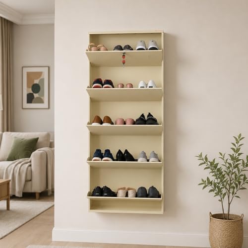 Image of 5 Door Wall Mounted Metal Shoe Rack Cabinet with Lock | Space Saving Shoe Storage Cabinet for Home, Entryway & Balcony | Dustproof Ventilated Shoe Organizer | Ivory | 63 x 26 x 6 Inch