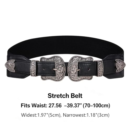 Image of Womens Belt Chain Leather Belts Vintage Western Adjustable Elastic Double Buckle for Cowboy Pant Dress