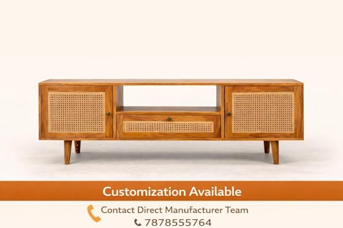 Image of Premium Solid Wood, 10 Minutes Assembly (Legs Only), Aesthetic Rattan Doors, Mid Century Entertainment Center for Living Room, TV Stand for 65 inch TV, Dark Chocolate (Unipue Natural)