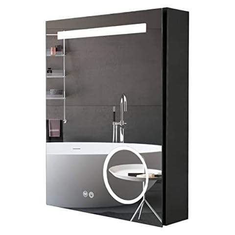 Plumbsys Bathroom LED Mirror Cabinet Black,With Light Illuminated Anti-Fog,HD mirror,500 x 650mm Cabinet Shelf,Touch control,Waterproof IP44 rating,3x magnifying glass Cover