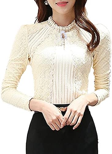 SansoiSan Women's Vintage Beaded Buttons Pleated Shirt Long Sleeve Lace Stretchy Blouse (Beige, X-Small)