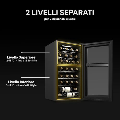 Wintem Cantinetta Vino Refrigerata Elegante - Doppia Temperatura Personalizzabile, Frigorifero Termoelettrico con Display LED Touchscreen | Capacità 28 Bottiglie 82L - Regalo di Natale - immagine 4