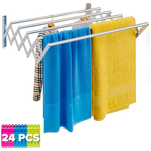Marctani Tendedero Extensible Pared Acero Inoxidable - Tendederos Plegables Ahorra Espacio Interior o Exteriror - Tendal Plegable con 5 Barras 24 Pinzas - Tenderete de Ropa (A.INOX 120CM)
