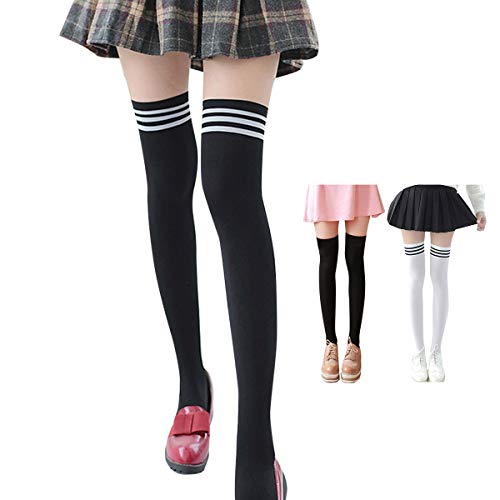 3 Pairs Women Over Knee Stockings Long Thigh High Socks Black White