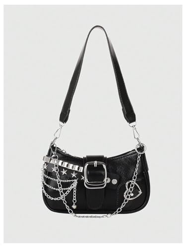 OYOANGLE Women's PU Leather Shoulder Bags Y2K Chain Decor Zipper Top Handle Handbags Small Underarm Bags3