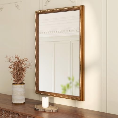 Axeman 24x36 Wood Wall Mirror, Rustic Bathroom Mirror, Vintage Wall Mounted Mirror Tempered Glass with Beaded Wooden Frame for Farmhouse Living Room Vanity Bedroom Entryway, Bronze