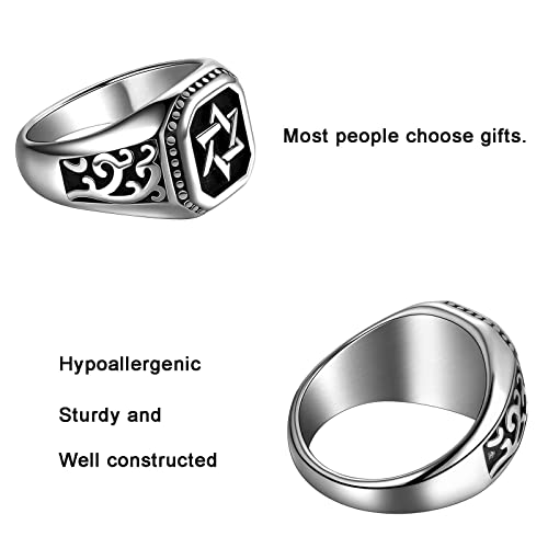 Star of David Ring for Men - Stainless Steel Talisman Seal Solomon Magen Judaic Hanukkah Band Hexagram Six-Pointed Jewish Jerusalem Black Signet Protection Amulet Rings SR0018G-12