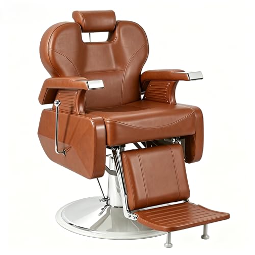 VogueNest Heavy Duty Reclining Barber Chair - Hydraulic Salon Chair for Hair Stylist, Facials, Lash & Tattoo - 170° Recline with Leg Rest, Stainless Steel Base - Styling Chair for Spa (Brown)
