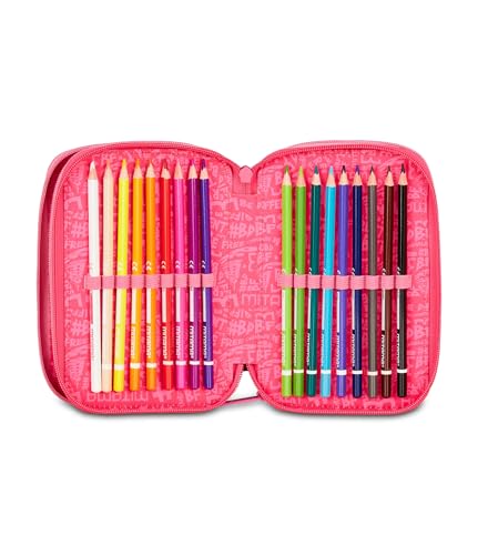 Mitama FURRYPINK Schulmäppchen mit 3 Fächern, Inhalt 47 Stück, komplett mit Bleistiften, Filzstiften, Stifteköcher für die Grundschule für Mädchen, fuchsia, Modern