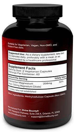 Pure Magnesium Citrate Capsules - 1300Mg Magnesium Supplement With Elemental Magnesium - 120 Vegetarian Capsules #TOP1