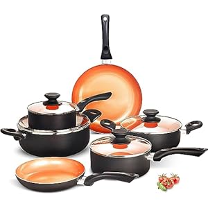FRUITEAM 10pcs Cookware Set Ceramic Nonstick Soup Pot, Milk Pot and Frying Pans Set, Copper Aluminum Pan with Lid, Induction Gas Compatible, 1 Year Warranty Mothers Day Gifts for Wife…