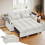 Skepphlay 3 in 1 Sleeper Sofa Bed, Pull Out Couch with Side Table, 65'' Convertible Loveseat with Adjustable Backrest, Chaise Lounge with USB and Type-C Ports for Living Room Office, White