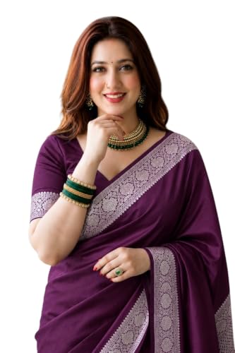 Image of Women's Glory Banarasi Satin Kanjivaram Saree Silver Zari Border Pure Soft Blend Silk Sari Kanchipuram Paithani Silk Party Wedding Festive New Ladies Sadi with Unstiched Blouse Piece. (Pink)